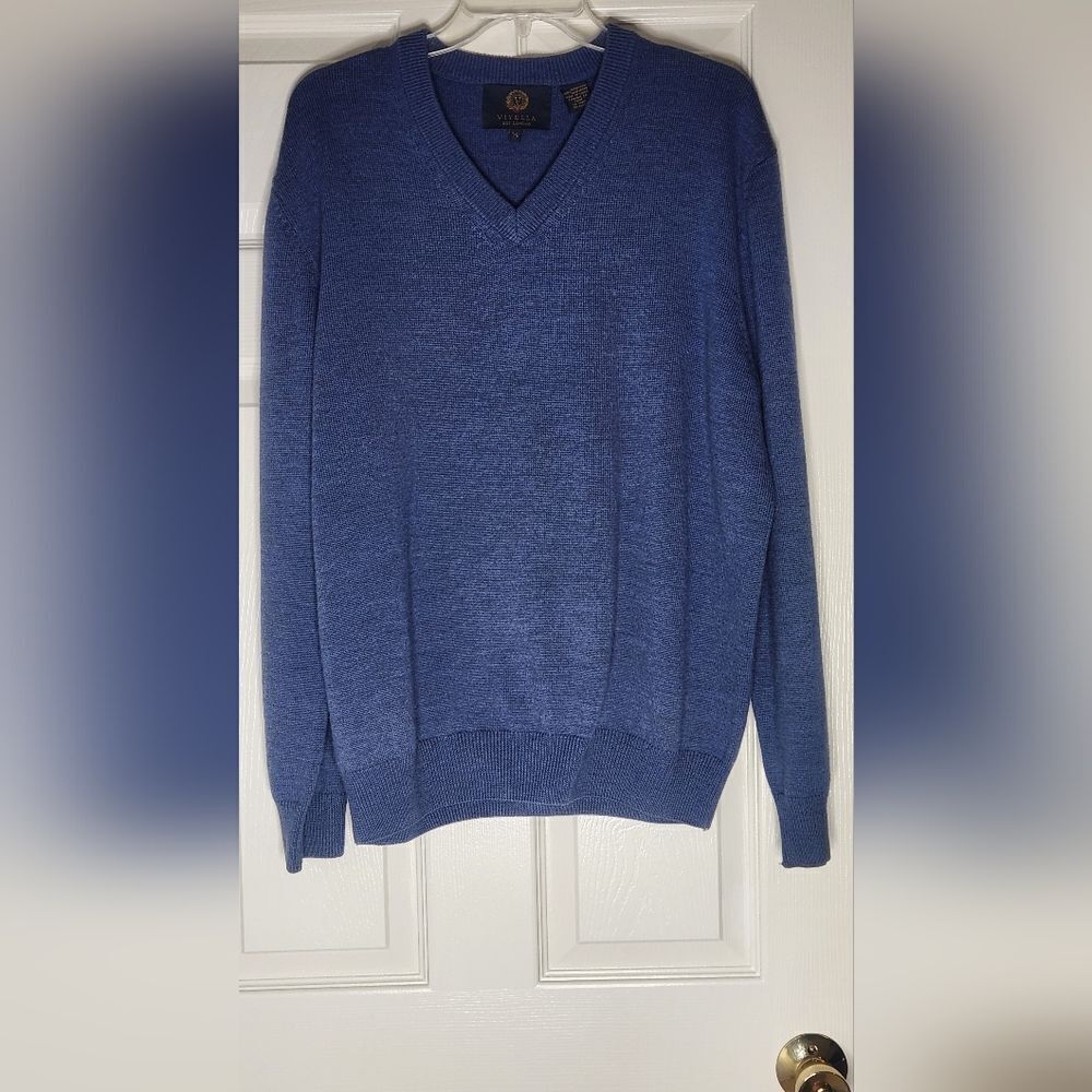 Viyella L Blue Steel Knit Longsleeve 100% MERINO WOOL V-neck Men's Sweater